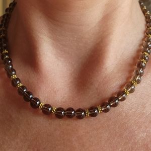 Handcrafted necklace. Smokey quarz and gold plated silver